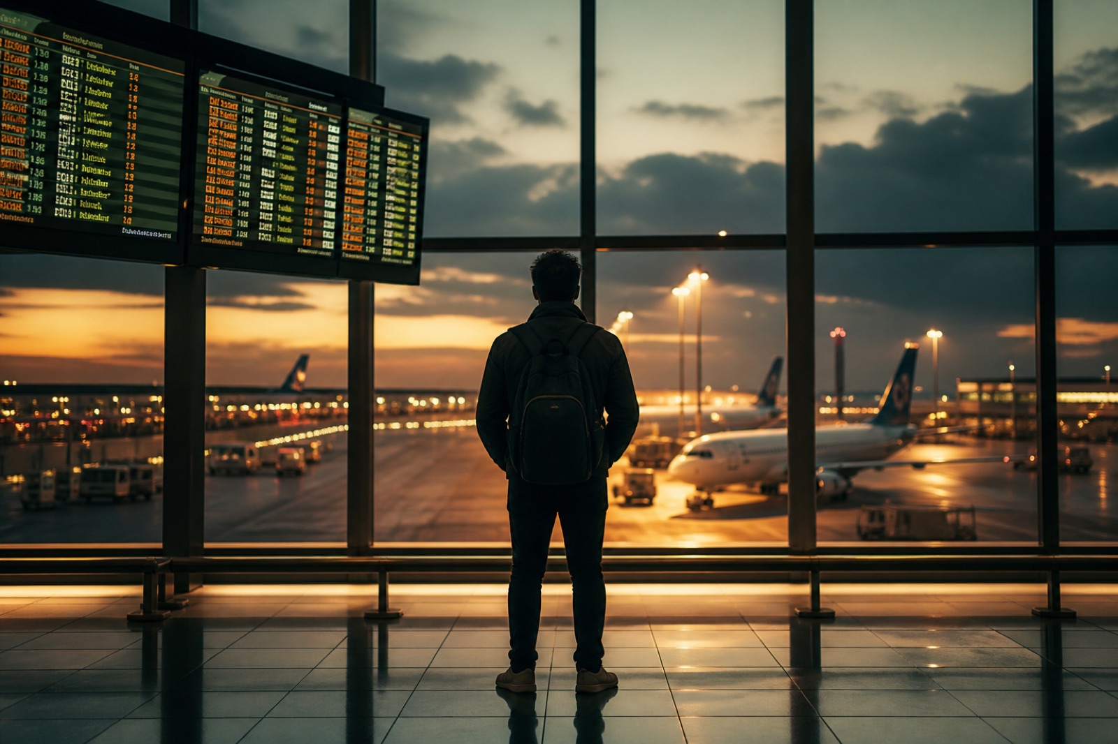 Silhueta em terminal de aeroporto ao entardecer, com aviões na pista